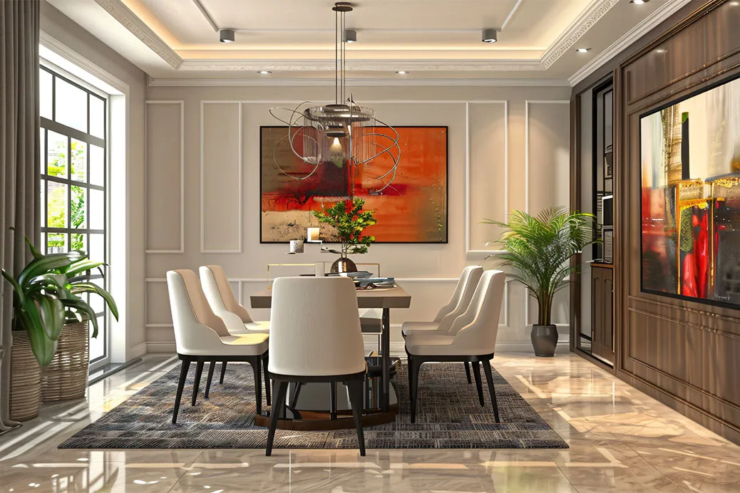 Dining room with large painting on the wall